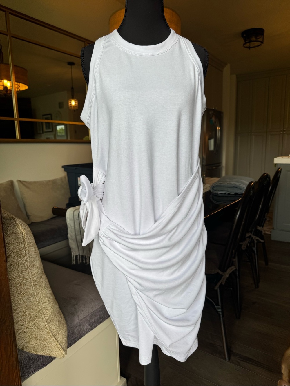 Sleeveless White Side-Tie Ruched Mini Dress